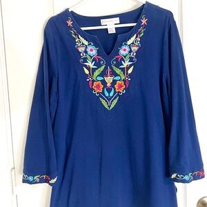 Susan Graver Tunic Shirt XL Blue Colorful Embroidered Floral 3/4 sleeve